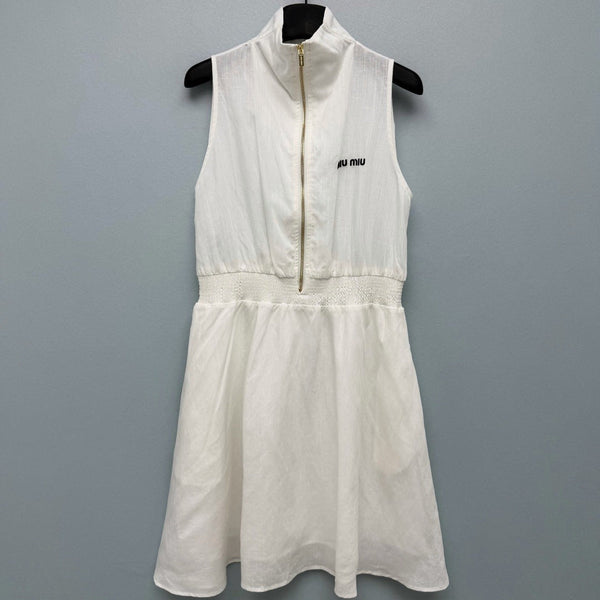 Miu Collar Zipper Sleeveless Waist-Cinching Dress White Linen 394352