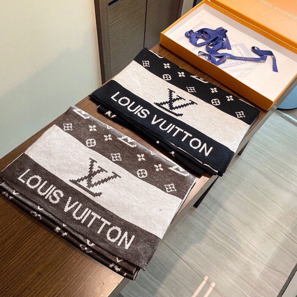 LV 25s Scarf 200cm Black Light Gray Cashmere 973132