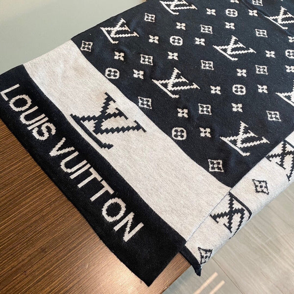 LV 25s Scarf 200cm Black Light Gray Cashmere 973132