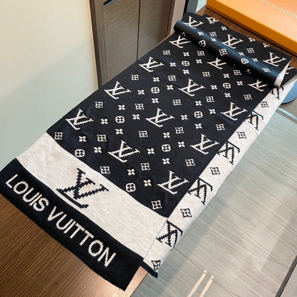 LV 25s Scarf 200cm Black Light Gray Cashmere 973132