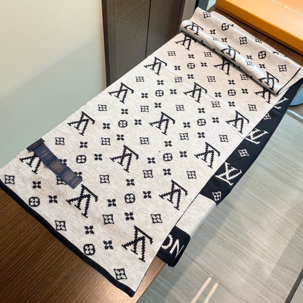 LV 25s Scarf 200cm Black Light Gray Cashmere 973132