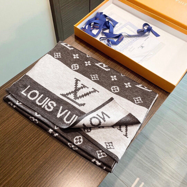 LV 25s Scarf 200cm Brown Light Gray Cashmere 973133