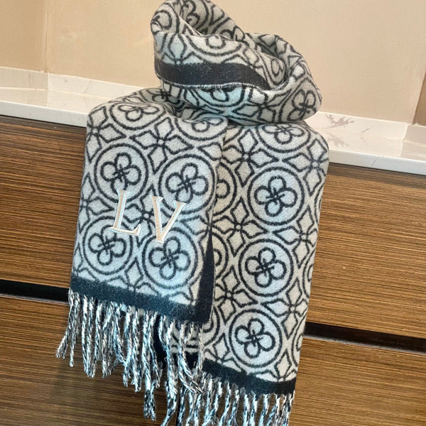 LV 25s Scarf 200cm Black White Woolen 973137