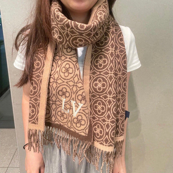 LV 25s Scarf 200cm Brown Beige Woolen 973138