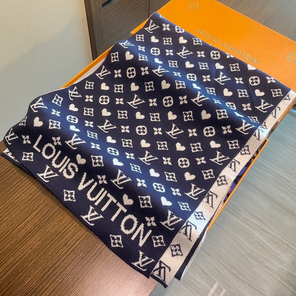 LV Latest Style Scarf 180cm Dark Blue Knitted Cashmere 973140