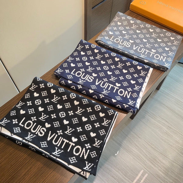 LV Latest Style Scarf 180cm Dark Blue Knitted Cashmere 973140