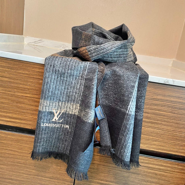 LV Scarf 180cm Black Gray Wool Cashmere 976830