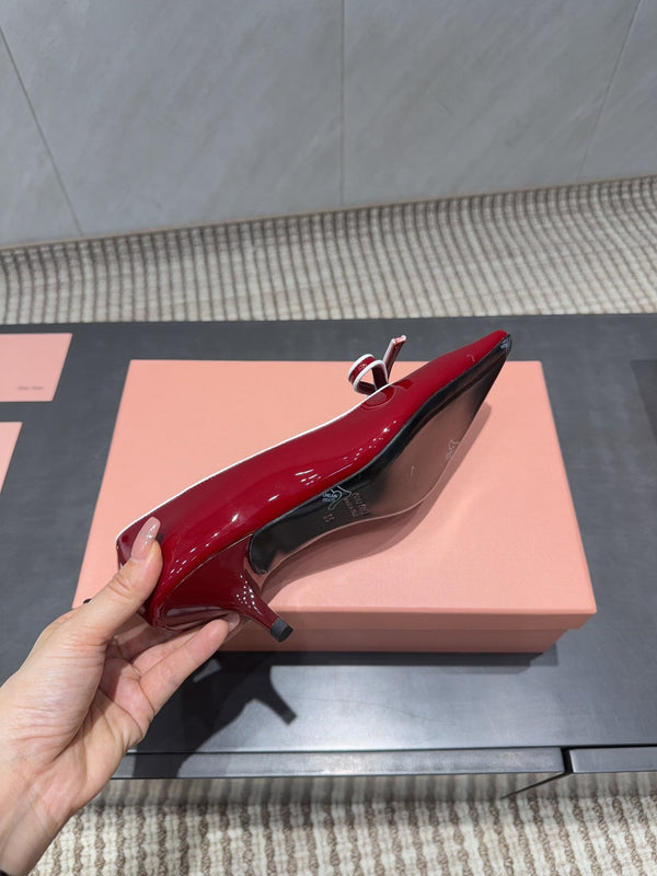 Miu 26s Pointed Toe Pumps 55mm In Dark Red Calfskin With Bow