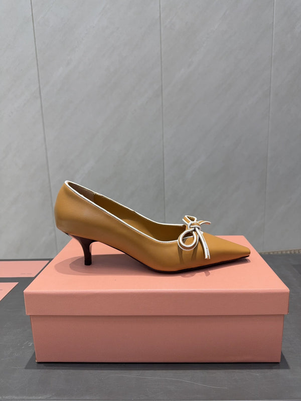 Miu 26s Pointed Toe Pumps 55mm In Caramel Brown Calfskin With Bow