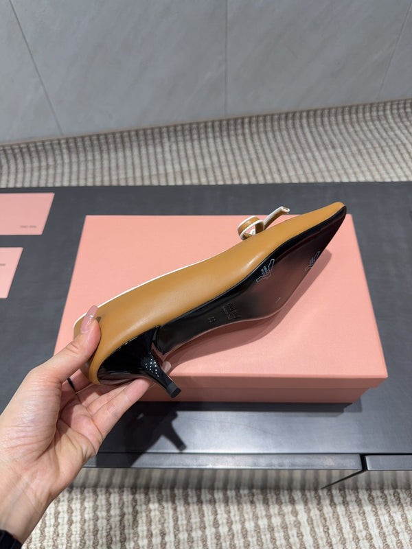 Miu 26s Pointed Toe Pumps 55mm In Caramel Brown Calfskin With Bow
