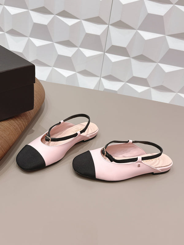 CC 26s Round-Toe Open-Back Flats Black Pink Fabric Leather 613256