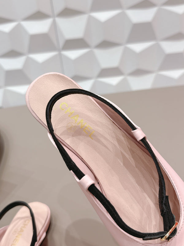 CC 26s Round-Toe Open-Back Flats Black Pink Fabric Leather 613256