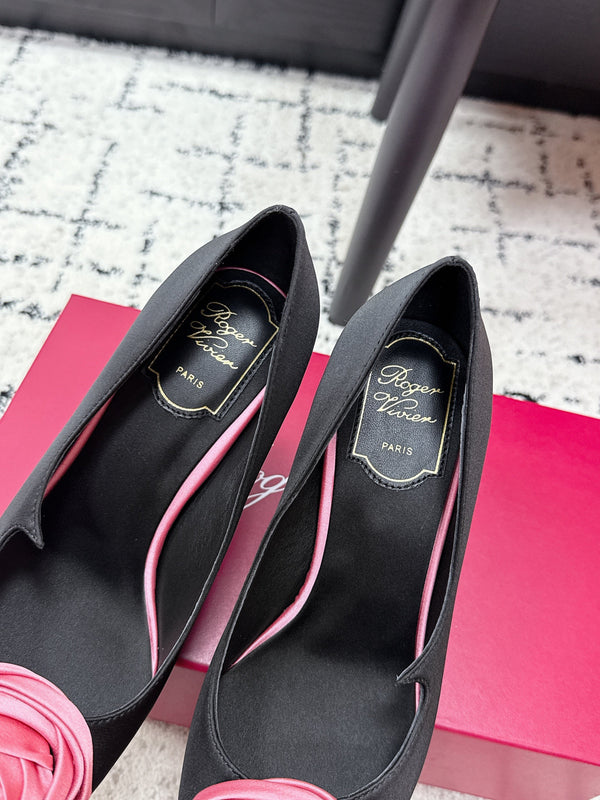 RV Rose Vivier Flower Pumps 10cm Pink Black Satin 617291