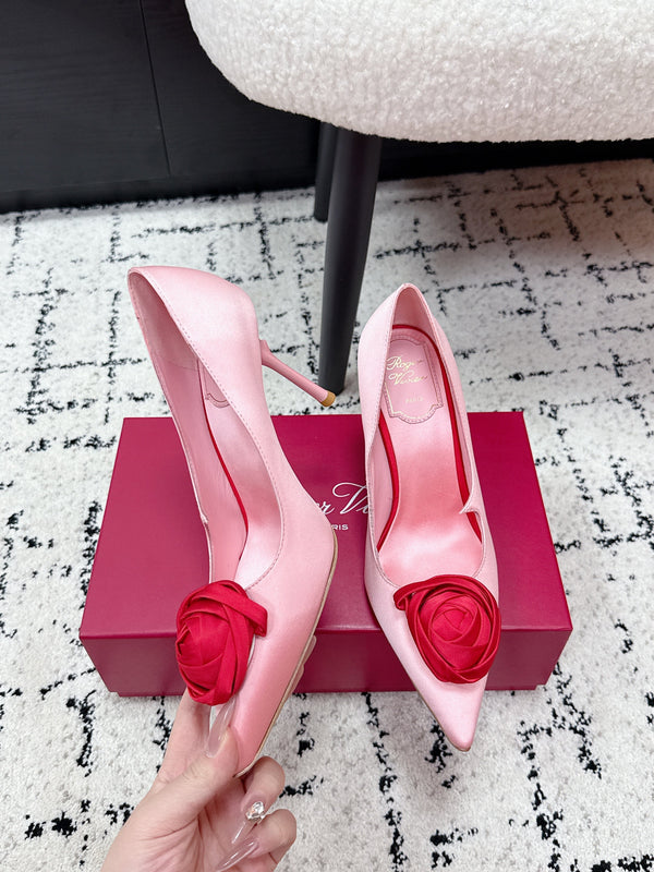 RV Rose Vivier Flower Pumps 10cm Pink Red Satin 617294