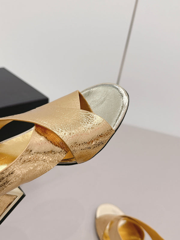CC 26s Round-Toe Square-Heeled Sandals 7.5cm Gold Leather