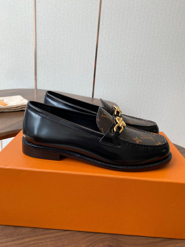 LV Chess Flat Loafer Brown Monogram Canvas & Black Patent Leather 477726