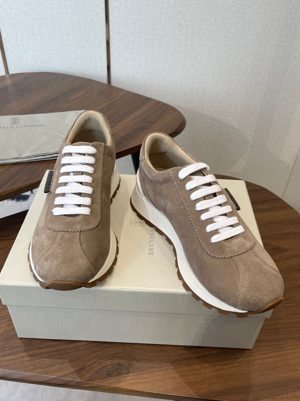 Brunello Runners With Shiny Tab Taupe Suede 624492