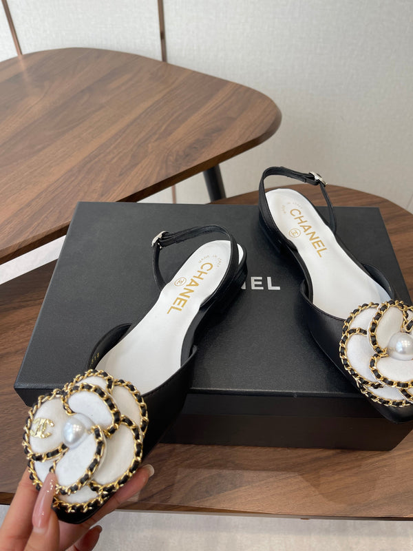 CC Classic Camellia Flat Slingback Black White Leather 624232