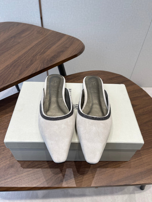Brunello Monili-chain Mules White Suede 624506