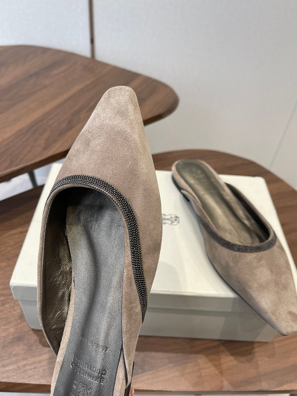Brunello Monili-chain Mules Taupe Suede 624509