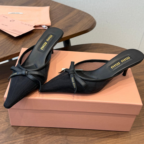 Miu 26s High-Heeled Mules Black Mixed Sheepskin with Lace 790457