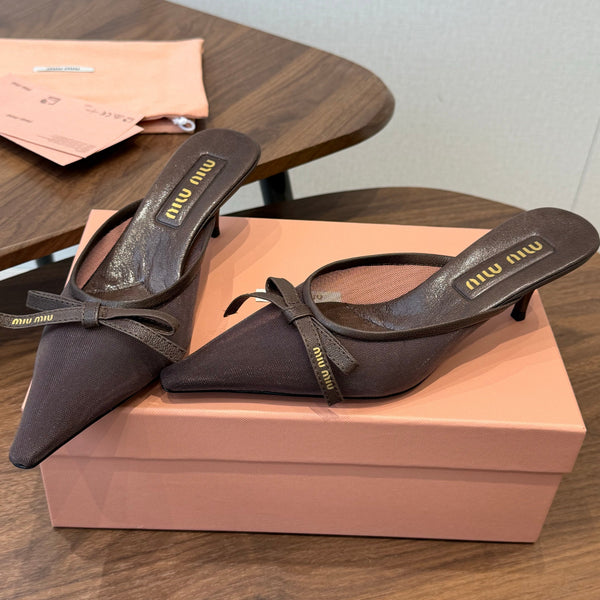Miu 26s High-Heeled Mules Coffee Mixed Sheepskin with Lace 790458