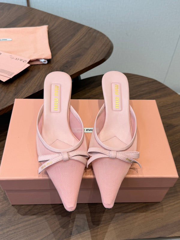 Miu 26s High-Heeled Mules Light Pink Mixed Sheepskin with Lace 790459