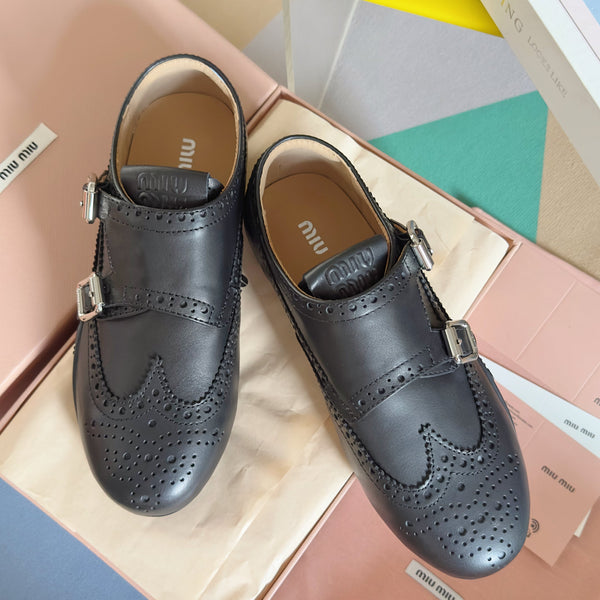 Miu Monk-Strap Thin Sole Black Loafers Leather 509753