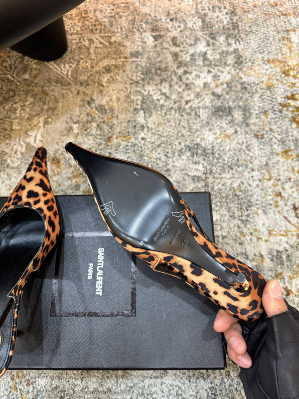 YSL Anne-Marie Slingback 8cm Leopard Printed Satin 637229