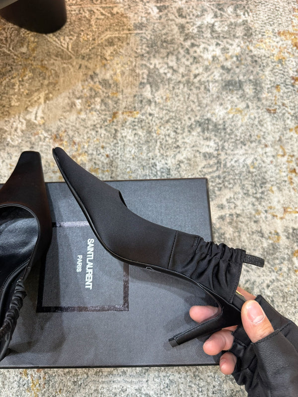 YSL Anne-Marie Slingback 8cm Black Sheepskin Silk 637229