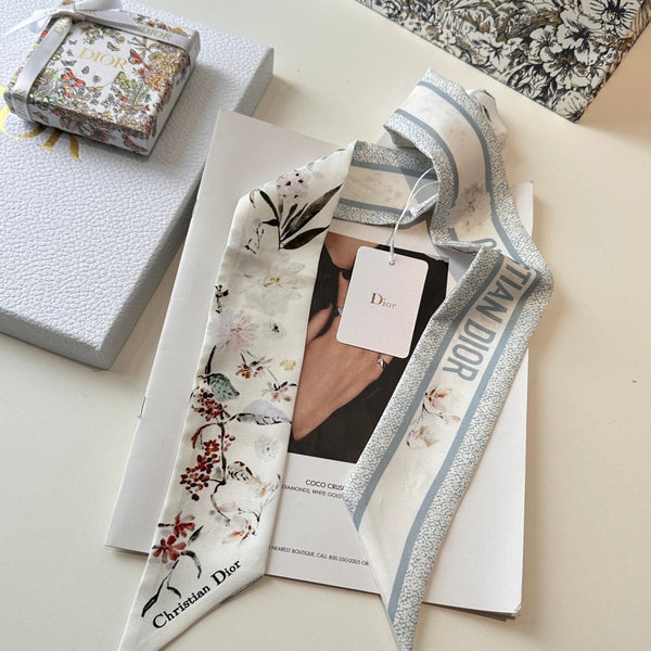 CD Twilly Mini Scarf 105cm White Baby Blue Mulberry Silk 766735