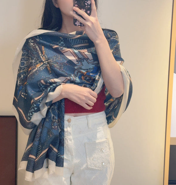 HM Bouquets Sellier Scarf White Blue Cashmere 145875