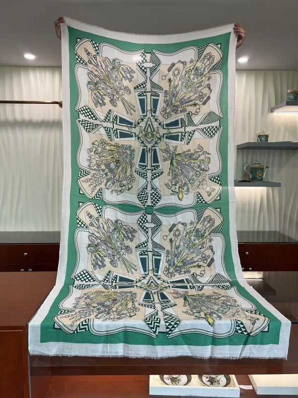 HM Bouquets Sellier Scarf White Teal Cashmere 145874