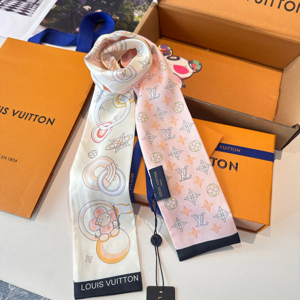 LV Twilly Mini Scarf 105 Pink Beige Silk Twill 147675