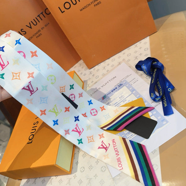 LV Twilly Scarf 120cm White Colorful Silk 965662