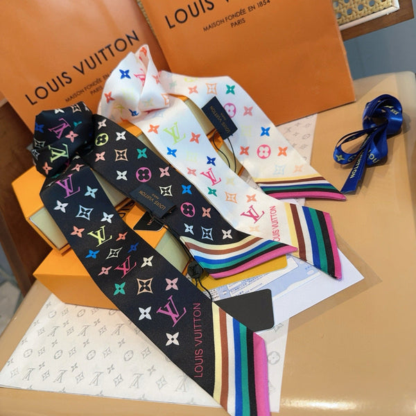 LV Twilly Scarf 120cm Black Colorful Silk 965663