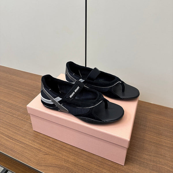 Miu Thong Sandals In Black Suede Mix Tech Fabric