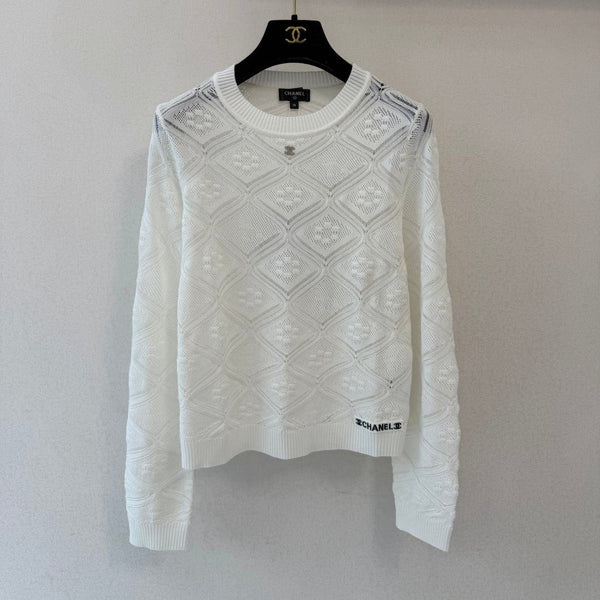 CC 26s Diamond Open-Knit Crewneck Sweater White Wool 423111