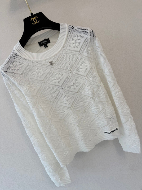 CC 26s Diamond Open-Knit Crewneck Sweater White Wool 423111