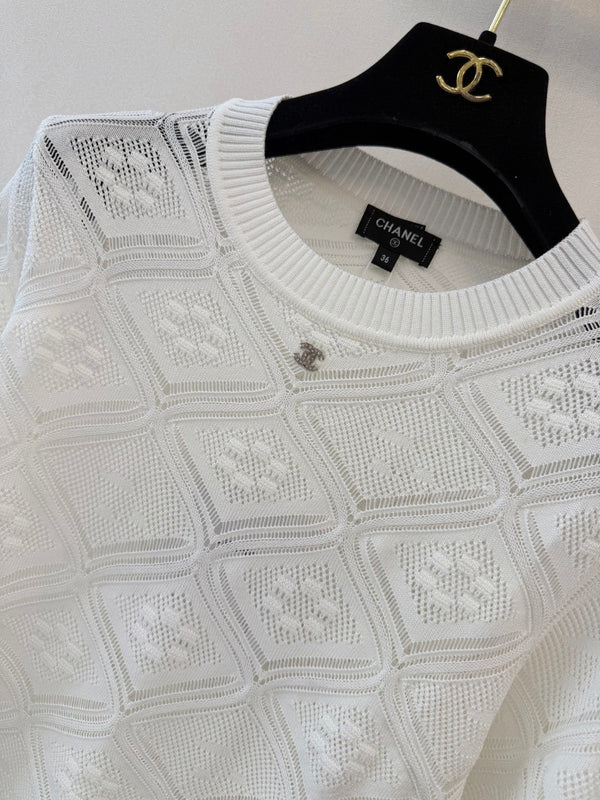 CC 26s Diamond Open-Knit Crewneck Sweater White Wool 423111