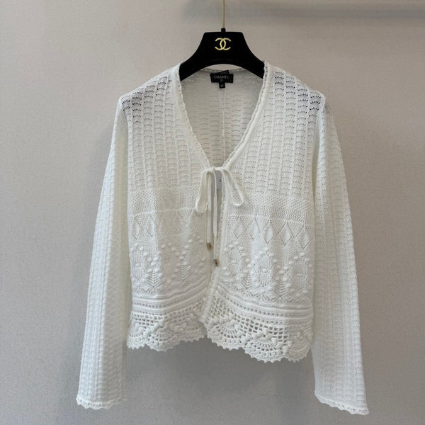 CC 26s Lace Knit Tie-Front Cardigan White Wool 423117