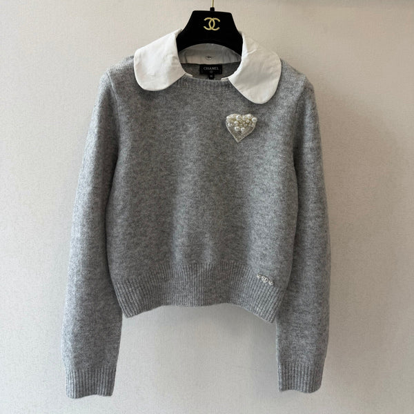 CC 26s Sweater Heart-Brooch Contrast-Collar Grey 429790