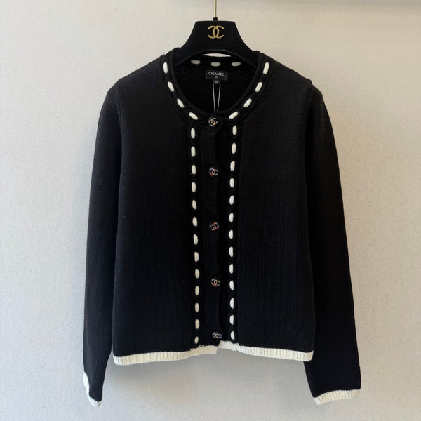 CC 26s Cardigan Contrast Trim Black Wool Cashmere 429782