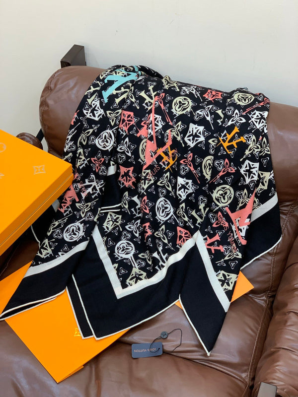LV X TM MONOGRAM Scarf Black Pink Blue Silk Cashmere 965396