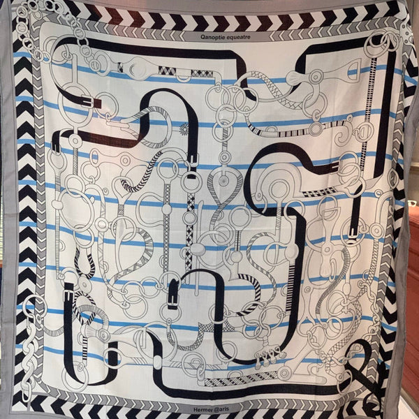 HM 25s Horse Reversible Scarf 140cm White Gray Black Cashmere Silk 967388