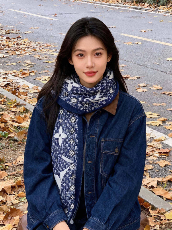 LV Monogram Scarf 200cm Blue White Cashmere 969183