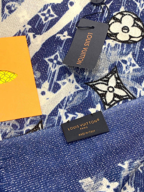 LV Monogram Scarf 200cm Blue White Cashmere 969183