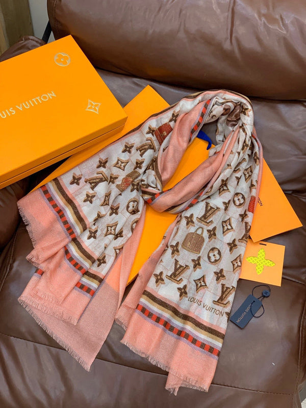 LV Monogram Scarf 200cm White Pink Cashmere 969185