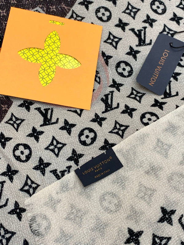 LV Monogram Scarf 200cm White Black Cashmere 969189
