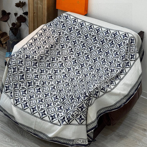 LV Velvet Square Scarf 135cm Black White Cashmere 970941